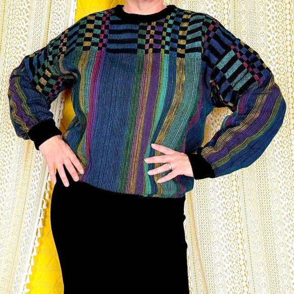 Vintage 80s Bianculli Neon Geometric Maximalist Women's Sweater Size L RARE - Picture 5 of 17